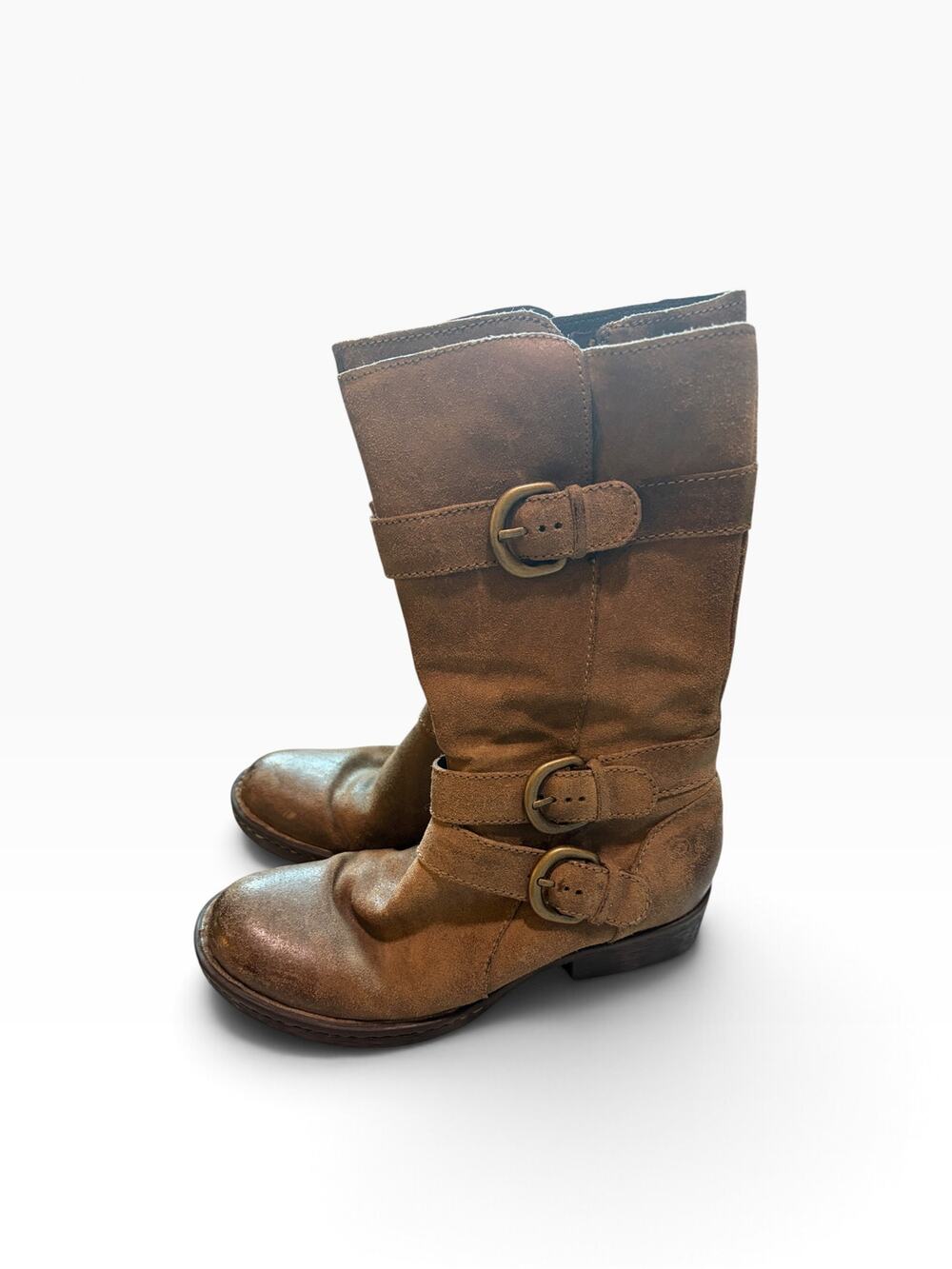 Born Croft Suede Moto Boots Brown Mid-Calf Triple Buckle Size 7.5